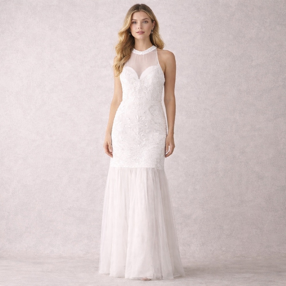 Verte White Lace Beaded Illusion Neck Maxi Dress Bridal Wedding Size L NWT